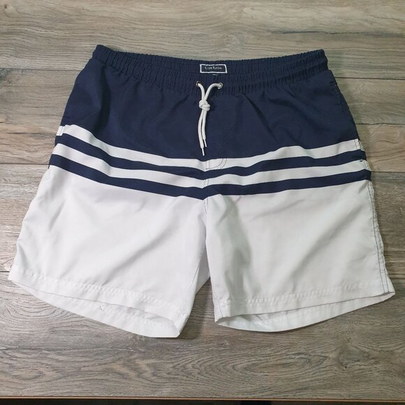 Club Room Men Swim Trunks Navy White Striped Quick Dry Size L Elastic 34' Waist - Picture 1 of 6